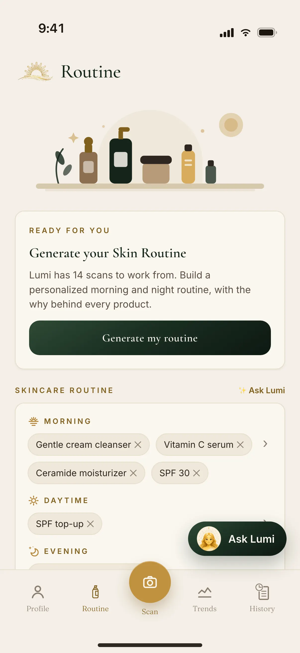 Lumeria app Routine page: a generate-your-skin-routine card above morning, daytime and evening skincare steps shown as editable chips.
