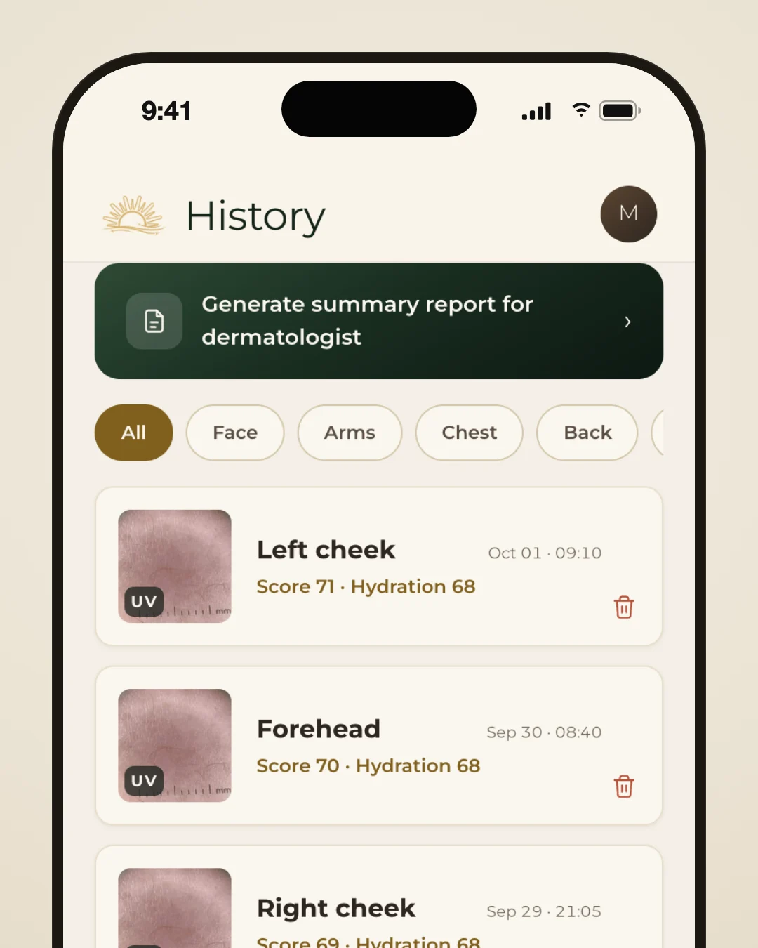 Lumeria app History tab: body-area filters above a list of past scans, each with its score, and a UV mark on scans that include a UV photo.