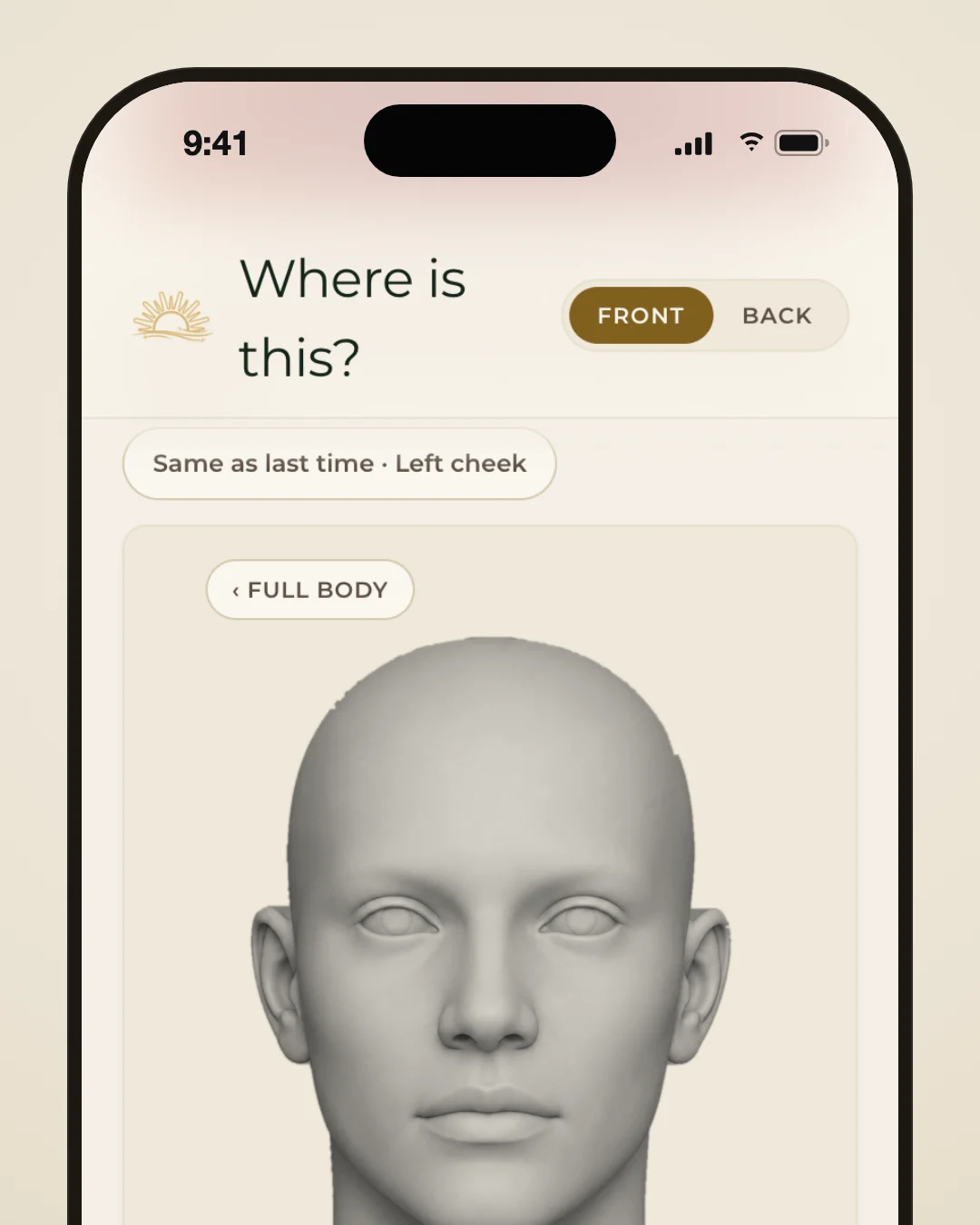 Lumeria app area picker titled Where is this?, zoomed in on the face map with a Full body button and a Same as last time shortcut.