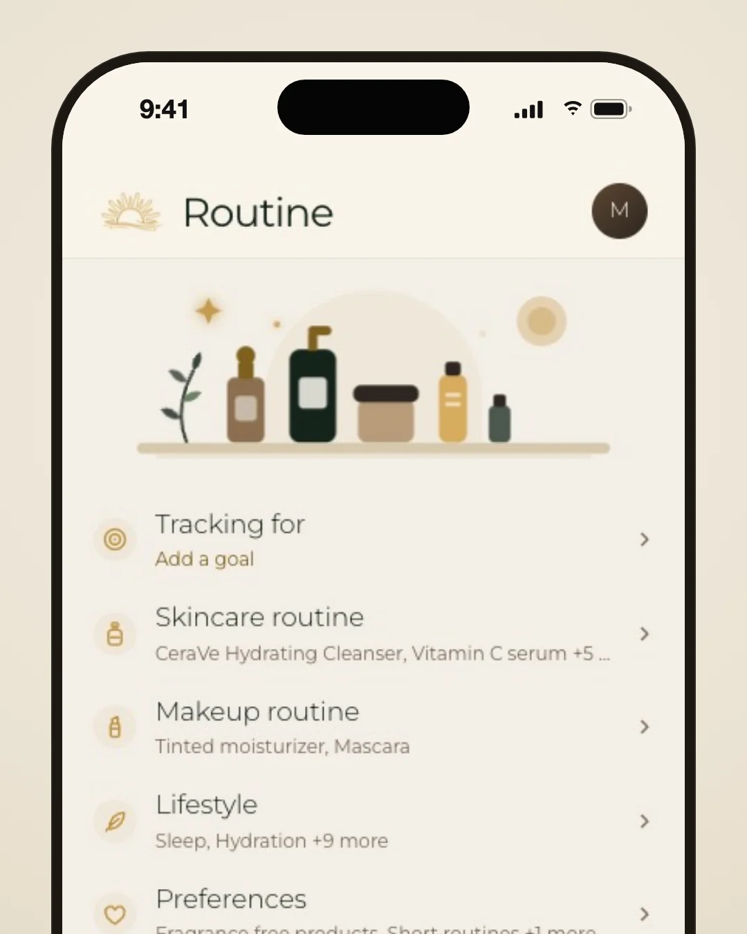 Lumeria app Routine page: the illustrated shelf scene with sun and sparkles at the top, above the Tracking for, Skincare routine and Makeup routine sections.