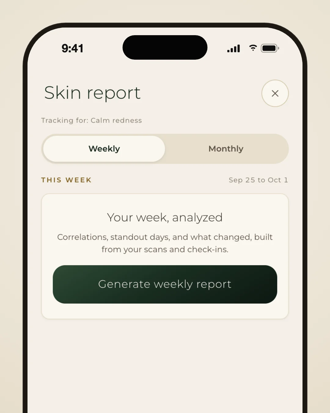 Lumeria app Skin report opening with Tracking for: Calm redness under the title, above the Weekly and Monthly tabs.