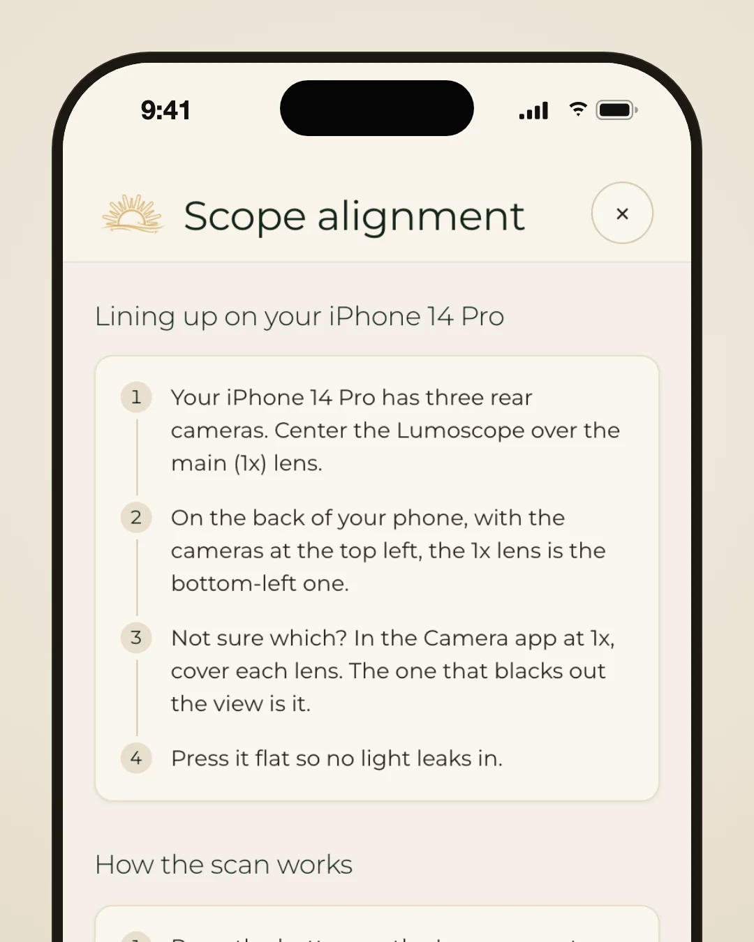 Lumeria app Scope alignment help page: four numbered steps headed Lining up on your iPhone 14 Pro, from centering the Lumoscope over the main (1x) lens to pressing it flat, then How the scan works.
