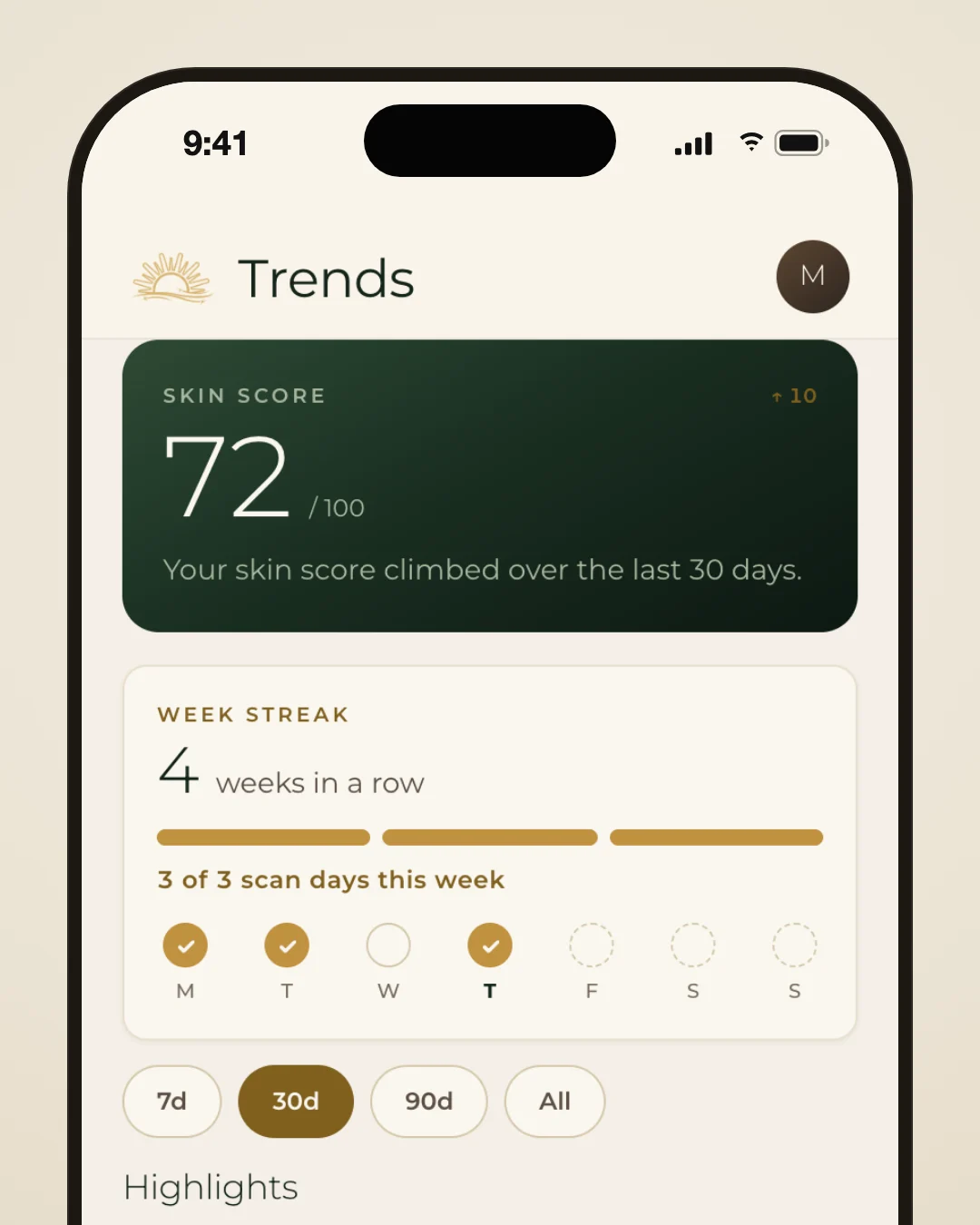 Lumeria app Trends screen: the skin score card, then a Week streak card reading 4 weeks in a row, 3 of 3 scan days this week, with Monday, Tuesday and Thursday checked.